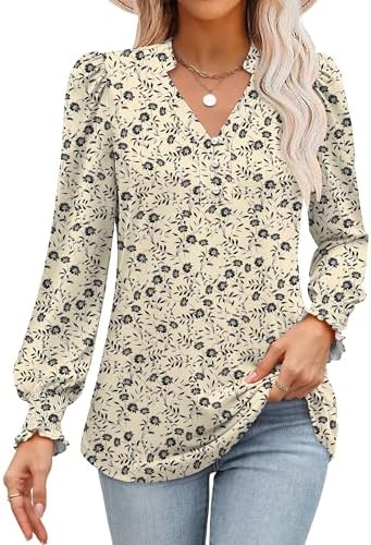 ANRABESS Womens Puff Long Sleeve Shirts Dressy Casual Blouses 2025 Fall V Neck Loose Fit Floral Business Work Tunic Tops