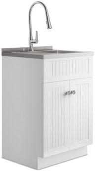 SIMPLIHOME Beckham All-in-One 24 inch Wide Utility Sink and Laundry Cabinet in Pure White Finish, Transitional Stainless Steel Sink Cabinet for Laundry Rooms with High-Arch Brushed Nickel Faucet