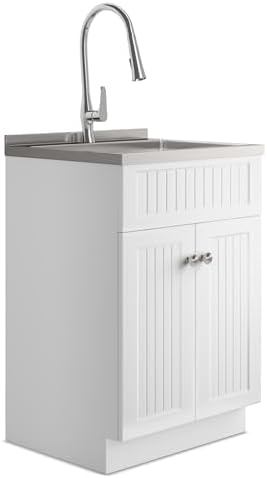 SIMPLIHOME Beckham All-in-One 24 inch Wide Utility Sink and Laundry Cabinet in Pure White Finish, Transitional Stainless Steel Sink Cabinet for Laundry Rooms with High-Arch Brushed Nickel Faucet
