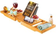 Wooden Bathtub Tray – Foldable Expandable Bamboo Bath Tray for Tub with Wine Holder, Book & Tablet Stand – Bath Caddy for Bathtub, Spa Bath Accessories for Women, Tub Tray Table, Gift for Her or Him