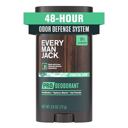 Every Man Jack Men’s Pro Deodorant – 48-Hour Odor Defense Blend – Aluminum Free – Contains Postbiotics, Tapioca Stach & Oat Powder – Coastal Surf Scent – 2.6 oz – 1 Pack