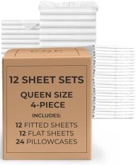 Bulk Case Pack of 12 Sheet Sets – (12) Complete Queen Size Sheet Sets with Deep Pockets – Wholesale Bulk Bedding for Hotels, Spas & Airbnbs – Breathable, Cooling, Soft & Wrinkle Free – (Queen, White)