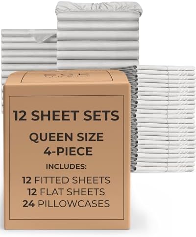 Bulk Case Pack of 12 Sheet Sets – (12) Complete Queen Size Sheet Sets with Deep Pockets – Wholesale Bulk Bedding for Hotels, Spas & Airbnbs – Breathable, Cooling & Wrinkle Free – (Queen, French Grey)