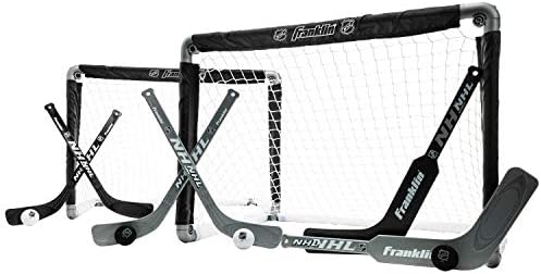 Franklin Sports NHL Kids Mini Hockey Goal Set – (2) Mini + Knee Hockey Goals, (4) Youth Sticks, (2) Goalie Sticks + (4) Foam Balls – Knee + Mini Hockey Set