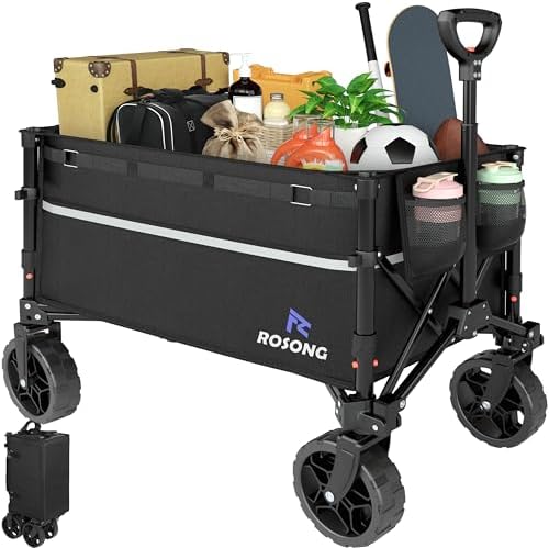 Collapsible Wagon Cart with Wheels Foldable – Folding Utility Heavy Duty Wagons Carts for Grocery Sports Garden Shopping Camping Wheelbarrows (Black, 120L)