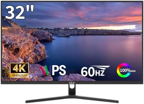 ZZA 32 Inch Computer Monitor, 4K UHD Ultra-Clear (3840×2160p) IPS Screen, 100% sRGB,HDR10,178° Viewing Angle, Display Port/HDMI, Compatible with Wall mounting 100 * 100MM