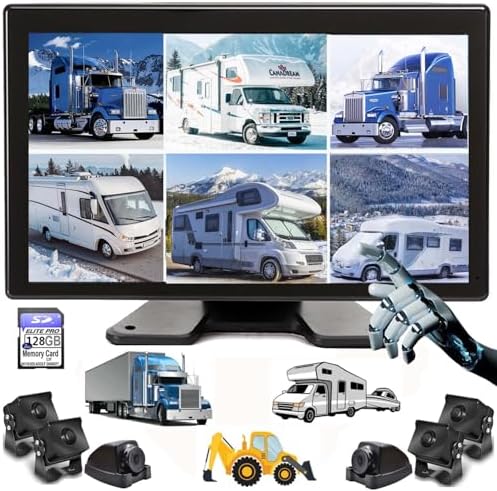 10.1″ 1080P Backup Camera Monitor & Built-in DVR for RV Truck Trailer Rear Side Front Reversing View Wired System FHD Image 4 Split Large Screen 64GB Recorder IP69 Waterproof Avoid Blind Spot Kit