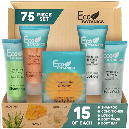 Travel Size Hotel Toiletry Set 75 Count 0.85 oz Bottles Guest Amenities for Airbnb Vacation Rentals and Short Term Rentals Paraben Free White Tea Scent Infused with Aloe and Olive Oil by Eco Botanics