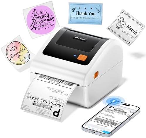 Bluetooth Thermal Label Printer 4×6, Shipping Label Printer for Small Business – Compatible with Android, iOS, Windows and Mac, Widely Used for Amazon, Ebay, Etsy, Shopify, USPS, UPS, White