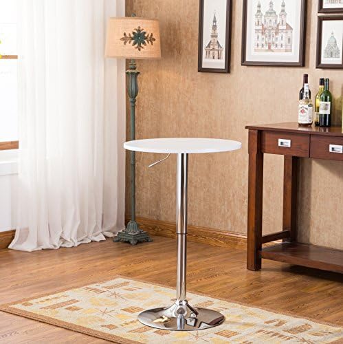 Roundhill Furniture Adjustable Height Wood and Chrome Metal Bar Table, White