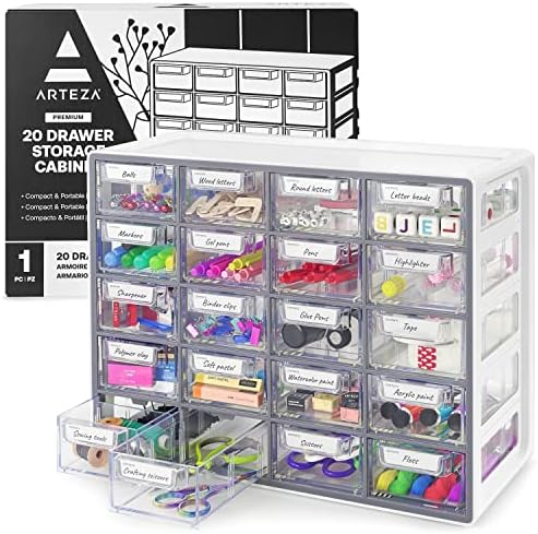 Arteza Organizer Box – Compact 20-Drawer Clear Storage Solution for Pens, Clips, Sewing & Craft Supplies – High-Impact Plastic, Home, Office & Classroom Organization – Gray