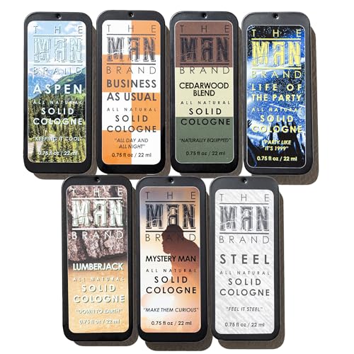 Mens Sample Solid Cologne Pack with Aspen, Lumberjack, Cedarwood Blend, Mystery Man, Life of the Party, Steel, and Business as Usual (Play Daily Solid Cologne Sampler Set – 7 Pack – 0.75 oz each)