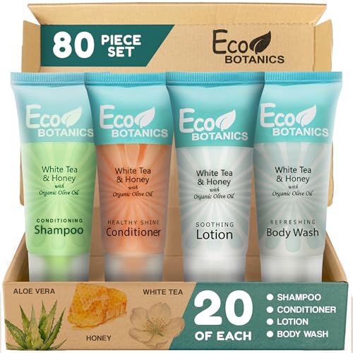 Travel Size Hotel Toiletry Set 80 Count 0.85 oz Bottles Guest Amenities for Vacation Rentals and Short Term Rentals Paraben Free White Tea Scent Infused with Aloe and Olive Oil by Eco Botanics