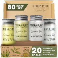 Terra Pure Green Tea Toiletries Set | 1-Shoppe Amenities Kit | 1oz Shampoo & Conditioner, Body Wash, Lotion | Travel Size | 80 Pieces