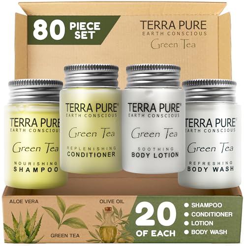 Terra Pure Green Tea Toiletries Set | 1-Shoppe Amenities Kit | 1oz Shampoo & Conditioner, Body Wash, Lotion | Travel Size | 80 Pieces