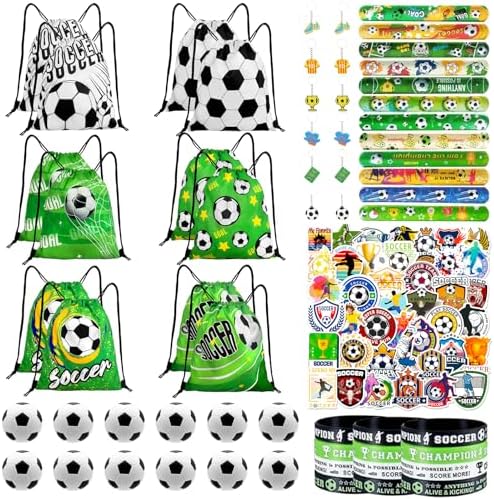 Yeepestmi 110Pcs Soccer Party Favors Drawstring Bags Soccer Goodie Bag with Mini Ball, Wristband, Slap bracelets, Keychains, Stickers for Soccer Party Supplies