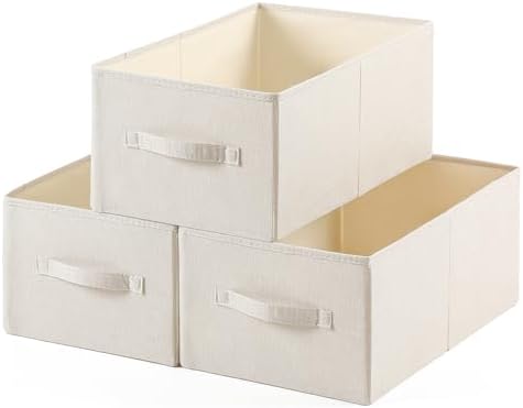 Linen Folding Storage Bins, 3 Pack Large Storage Baskets, Washable, Clothing Storage Bins with Handle, Closet Organizer for Storage Sweater,Sheets(Beige, 18½”x11″ x8½”)