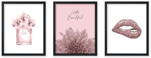 Poster Master 3-Piece Fashion Poster – Hello Beautiful Print – Perfume Art – Pink Glitter Lips Art – Gift for Him, Her & Fashionista – Glam Decor for Living Room or Bedroom – 8×10 UNFRAMED Wall Art