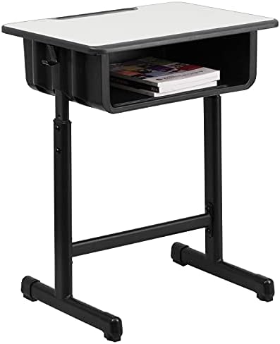 Flash Furniture Billie Open Front Student Desk for Classrooms or Remote Learning, Height Adjust School Desk with Book Box and Bag Hooks, Black/Gray