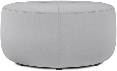 SIMPLIHOME Moore Large Ottoman – 32 inch Wide Upholstered Linen Look Fabric Irregular Round Ottoman in Light Grey, Contemporary Ottoman for Living Room or Bedroom with Top Stitching Detail, Assembled