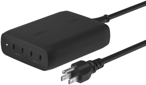 Belkin 4-Port USB C Charger Block, 200W GaN Multi-Port Charger USB-C PD 3.1 Fast Charge + 5ft Power Cord – MacBook, iPhone 17, Air, iPad, Galaxy S25, Google Pixel 10, Nintendo Switch 2 – Black