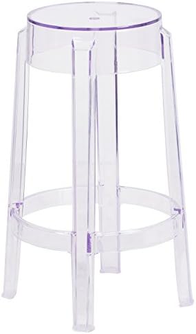 Flash Furniture Laney 25.75″ Indoor/Outdoor Counter Height Transparent Dining Stool with Foot Ring, Stackable Ghost Counter Height Stool, Transparent