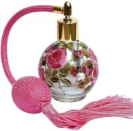 Vintage Style Atomizer Bulb Spray Glass Perfume Bottle with Long Tassel and Hand Painted Pink Roses Romantic Vanity Decor Accessories Gifts for Women