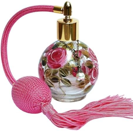 Vintage Style Atomizer Bulb Spray Glass Perfume Bottle with Long Tassel and Hand Painted Pink Roses Romantic Vanity Decor Accessories Gifts for Women