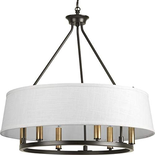 Cherish Collection 6-Light White Linen Shade Coastal Chandelier Light Antique Bronze