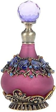 Rayberro Purple Flower Vintage Perfume Bottle, Crystal Rhinestone Inlayed Decorative Perfume Bottles, 25ML Empty Refillable Essential Oils Dropper Bottle, Glass Perfume Bottles for Women Girl Gift