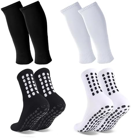 2 Set Grip Soccer Socks and Shin Guard Sleeves Non Slip Soccer Sleeve Socks for Men Women