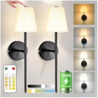 10,000mAh Rechargeable Battery Operated Wall Lights with Fabric Shade, Wireless Sconces with Remote and Touch Control, Dimmable 3 Color Temperature for Bedroom Living Room Hallway, Black 1PCS