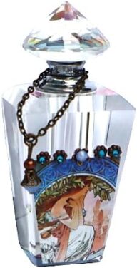 Vintage Style Alphonse Mucha Art Nouveau Small Glass Perfume Bottle with Dauber Stick Velvet Bottom Crystal Rhinestones Romantic Vanity Decor Gift for Her Women