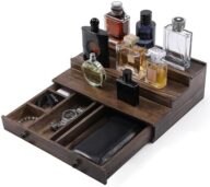 Cologne Organizer for Men, 3-Tier Cologne Stand with Drawer and Hidden Compartment, Wooden Cologne Shelf for Perfume Display Holder, Great Gifts for Men, Vintage