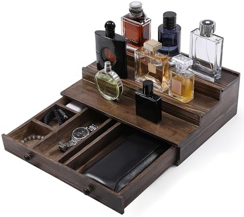Cologne Organizer for Men, 3-Tier Cologne Stand with Drawer and Hidden Compartment, Wooden Cologne Shelf for Perfume Display Holder, Great Gifts for Men, Vintage