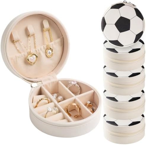 6 Pack Soccer Travel Jewelry Case Round Black and White Soccer Stuff Portable Jewelry Organizer Storage Case for Christmas Graduation Sports Team Club