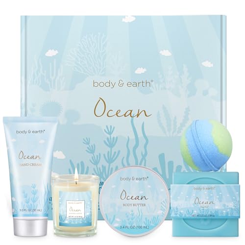 Gifts for Women, Bath and Body Womens Gift Sets with 5 Pcs Ocean Scented Spa Gifts for Women Bath Gift with Scented Candle Body Butter Hand Cream Bath Bomb Valentine‘s Day Gifts