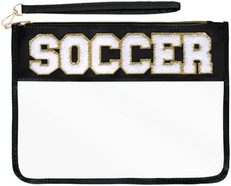 Chenille Letter Bag, Clear Nylon Cosmetic Makeup Bag with Zipper, Varsity Preppy Patch Flat Travel Pouch for Women Girls Gift (Black-SOCCER)