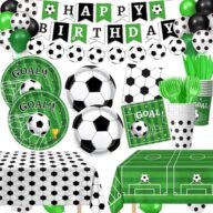 170 PCS Soccer Party Decorations, Soccer Birthday Party Decorations – Includes Plates, Napkins, Cups, Banner, Balloons, Tablecloth, Knives, Forks for Sports Soccer Theme Party Decorations, Serve 24