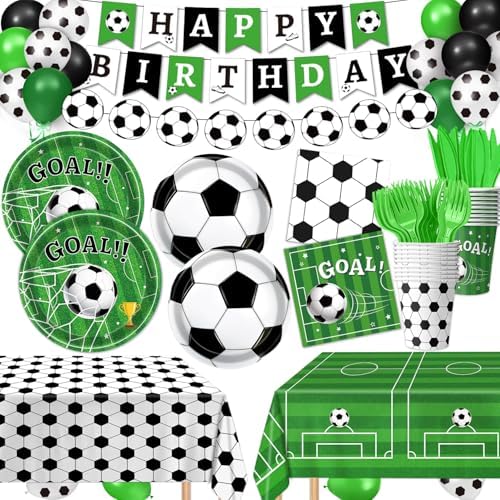 170 PCS Soccer Party Decorations, Soccer Birthday Party Decorations – Includes Plates, Napkins, Cups, Banner, Balloons, Tablecloth, Knives, Forks for Sports Soccer Theme Party Decorations, Serve 24