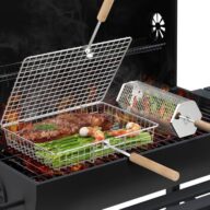 Grill Basket Set, Removable Wooden Handle, 304 Stainless Steel, Rolling BBQ Tools, Smoker Grilling Accessories for Vegetable Fish, Outdoor Cooking Camping, Birthday Gifts for Men Dad Husband