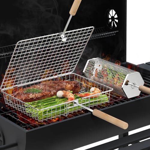 Grill Basket Set, Removable Wooden Handle, 304 Stainless Steel, Rolling BBQ Tools, Smoker Grilling Accessories for Vegetable Fish, Outdoor Cooking Camping, Birthday Gifts for Men Dad Husband
