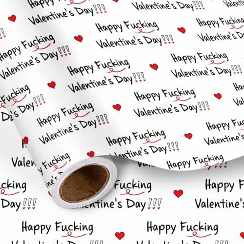 LeZakaa Funny Valentine Wrapping Paper Roll, Happy Valentine Day Text with Red Hearts, Humor Gift Wrap for Him Her Husband Wife, Mini Roll 17 Inches x 16.4 Feet