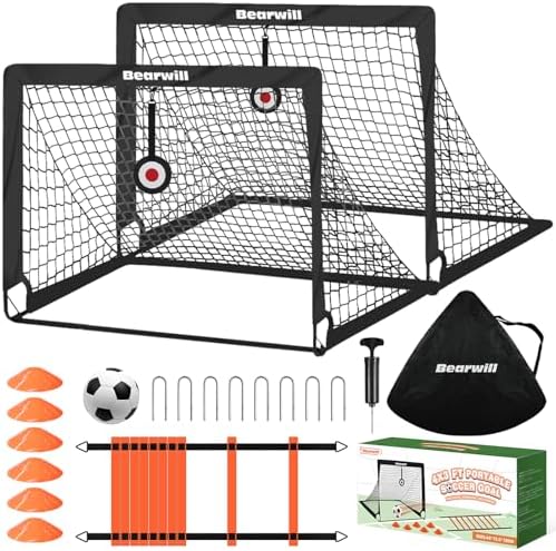 Bearwill Soccer Goal, Kids Soccer Goals for Backyard Set of 2, 4x3ft Portable Soccer Goal Pop Up Soccer Net, Kids Soccer Net Training Equipment with Soccer Ball, Ladder, Cones, Targets