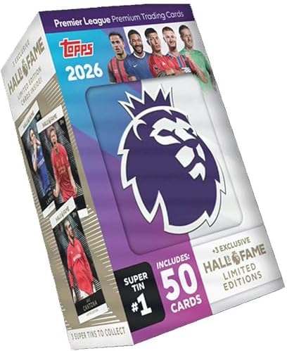 2026 Topps Premier League EPL Soccer Super Tin Trading Card Box (3 Exclusive Hall of Fame Cards Per Tin) 1 Random Bpx