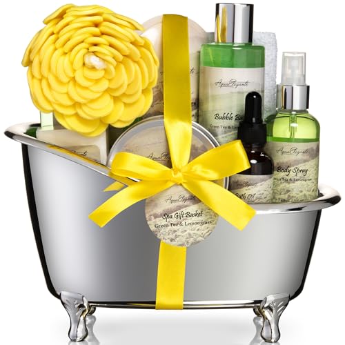 Spa Gift Baskets For Women – Luxury Bath Set With Green Tea & Lemongrass – Spa Kit Includes Body Wash, Bubble Bath, Lotion, Body Butter, Soap, Shower Puff, and Towel