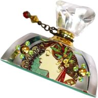 Romantic Alphonse Mucha Art Nouveau Glass Perfume Bottle with Dauber Stick Crystal Rhinestones Vintage Bohemian Vanity Bedroom Decor Gift Boxed for Women Her