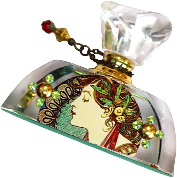 Romantic Alphonse Mucha Art Nouveau Glass Perfume Bottle with Dauber Stick Crystal Rhinestones Vintage Bohemian Vanity Bedroom Decor Gift Boxed for Women Her