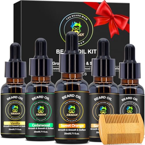 XIKEZAN 5 Pack Beard Oil Set w/Sandalwood, Orange, Vanilla, Cedarwood, Unscented for Beard Care, Moisturizing, Soften,Birthday Gifts for Men Him Dad Husband Christmas Gifts Stocking Stuffers