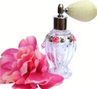 Romantic Vintage Style Glass Perfume Atomizer Bottle with Hand Painted Pink Roses Ivory Bulb Mister Shabby Chic Victorian Bedroom Vanity Decor Gift for Her